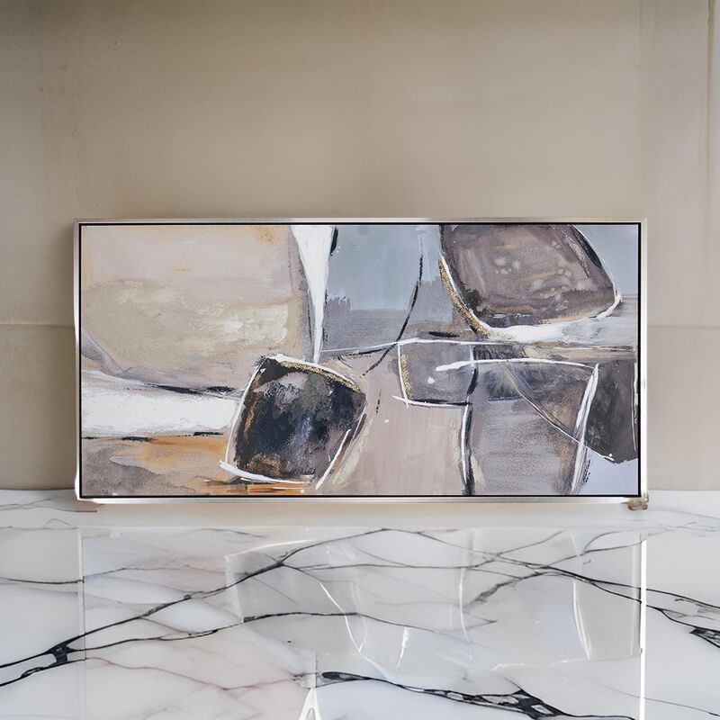 30 x 59  Abstract Oil Painting, Rectanglular Poly Canvas, Wood, Beige, Gray - Benzara