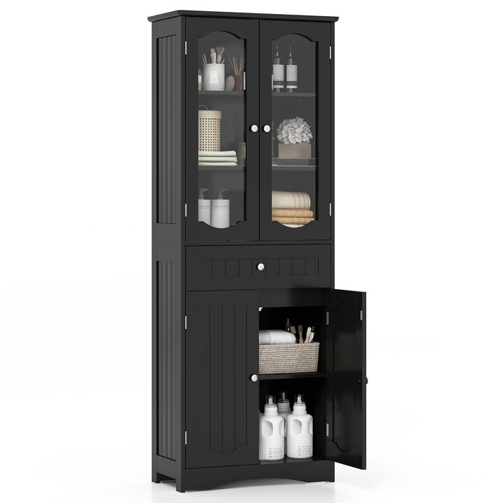 Tall Bathroom Storage Cabinet with 2 Glass Doors and Adjustable Shelves