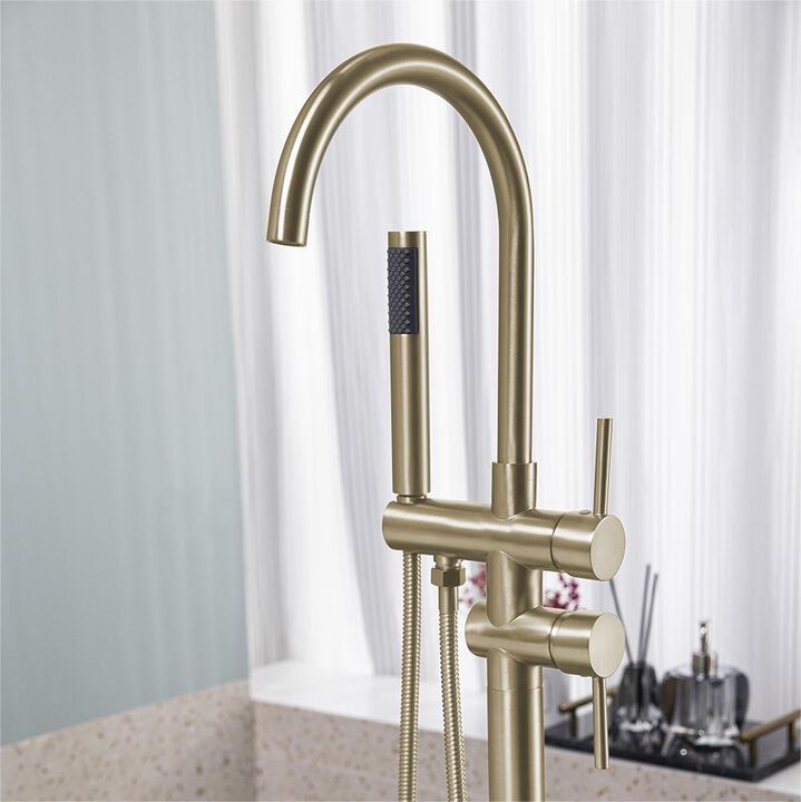 Brushed Standing Bathtub Faucet, High-Flow Freestanding Tub Filler with Handheld Shower