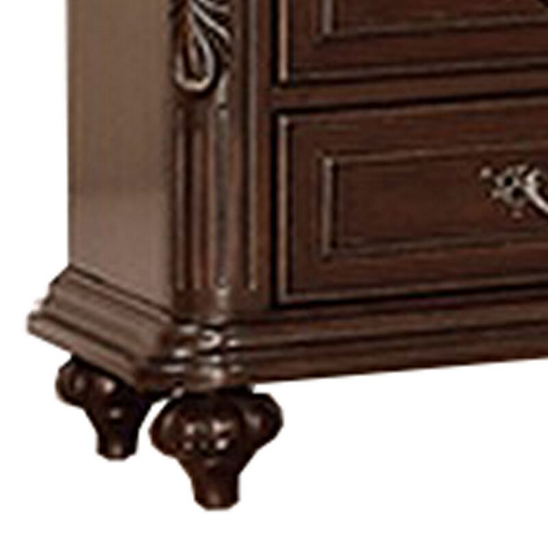 30 Inches 3 Drawer Engraved Wooden Nightstand, Brown-Benzara