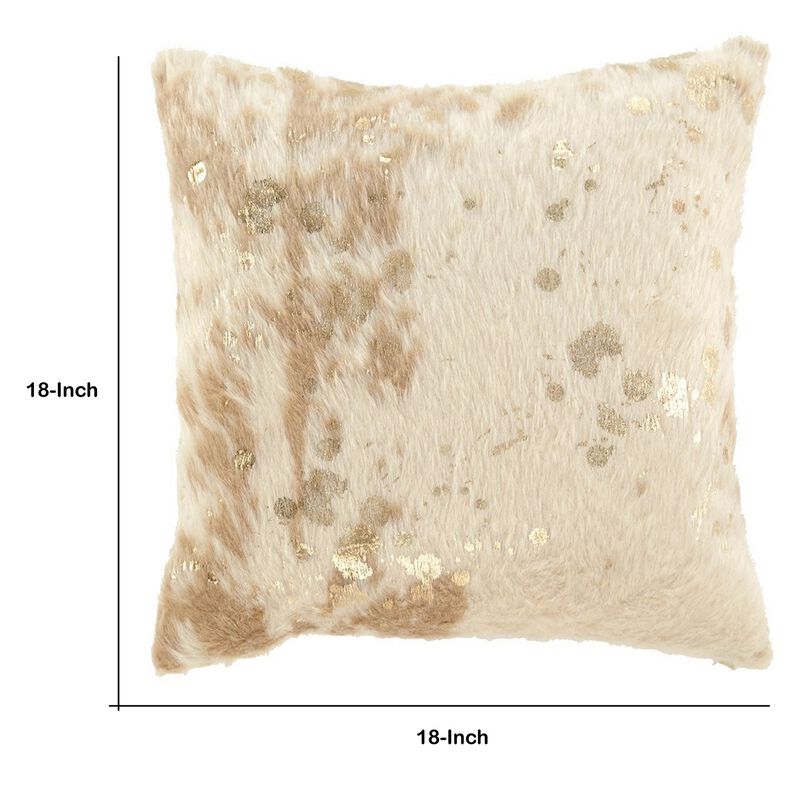 Faux Fur Pillow with Zipper Closure, Set of 4, Cream and Gold-Benzara