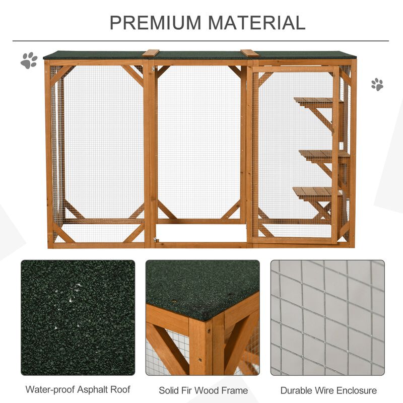 Orange Cat Paradise: 71"L Wooden Outdoor Multi-Level Enclosure