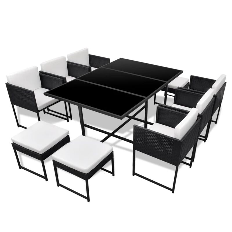 vidaXL 11 Piece Outdoor Dining Set with Cushions Poly Rattan Black