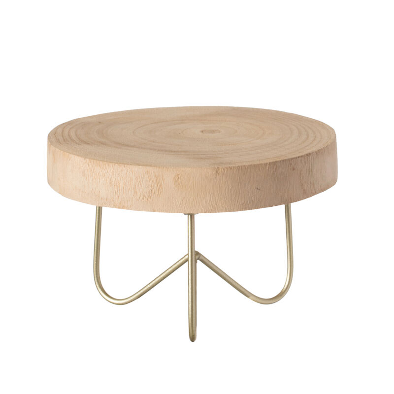 Decorative Natural Round Wood Tree Slice Serving Tray with Gold Metal Stand