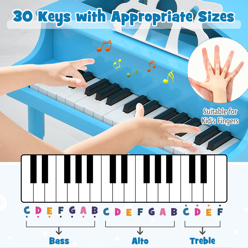 30-Key Wooden Toy Kids Grand Piano with Bench and Music Rack