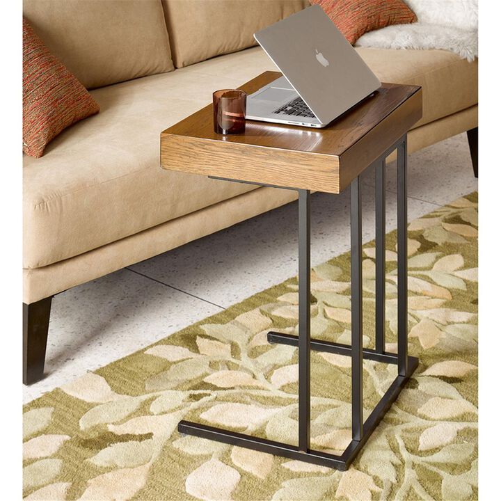 Gracie Mills Everhart Solid Wood Veneer Pull Up Table with Drawer and Metal Base