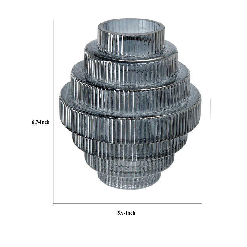 Rae Set of 2 Glass Vases, Geometric Round, Smokey Blue and Clear Finish-Benzara