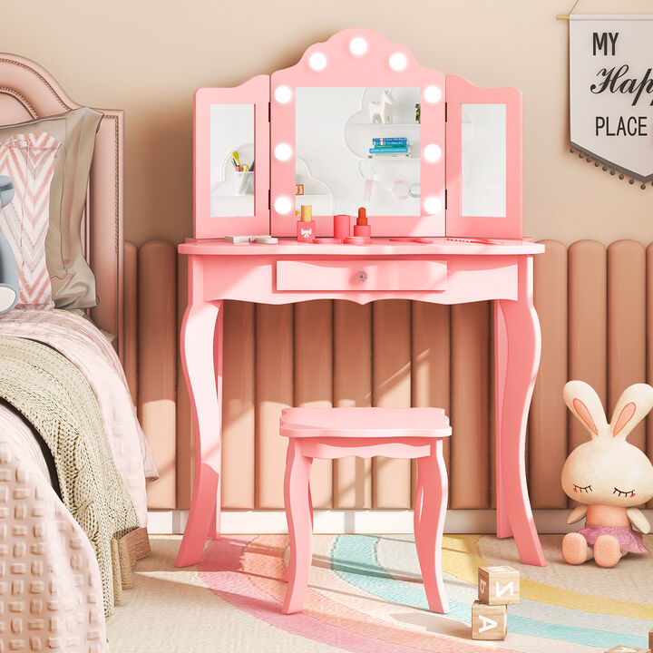 Kid Vanity Table Stool Set with Tri-Folding Mirror and 3-Color LED Lights