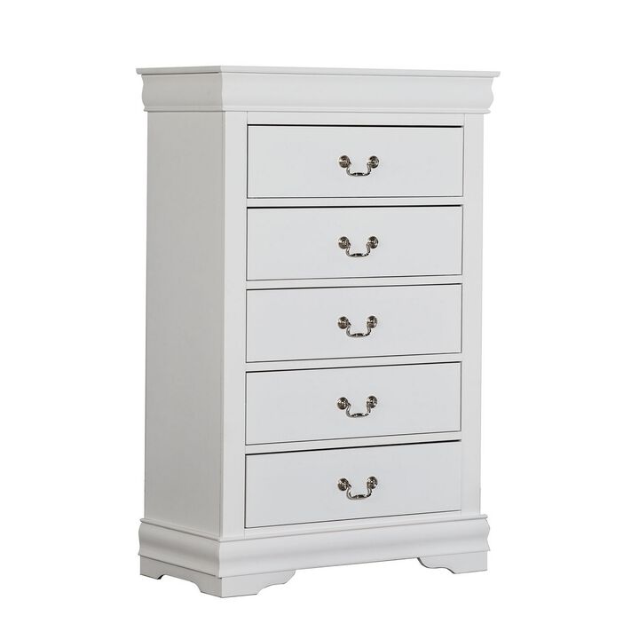 Ryla Tall Dresser Chest, 5 Drawers, Nickel Metal Handles, White Solid Wood