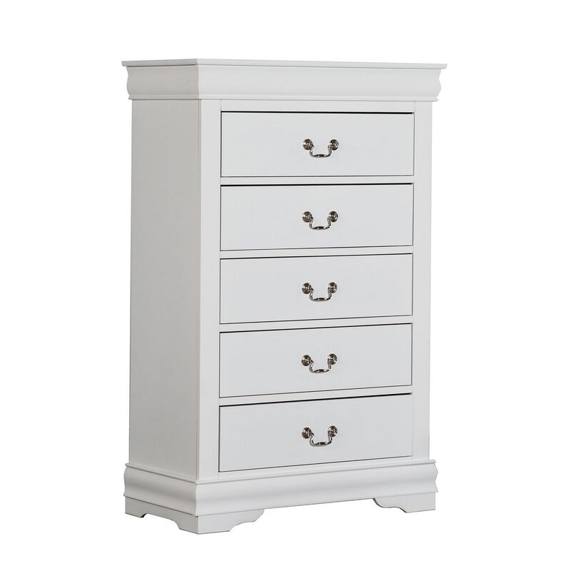 Ryla Tall Dresser Chest, 5 Drawers, Nickel Metal Handles, White Solid Wood