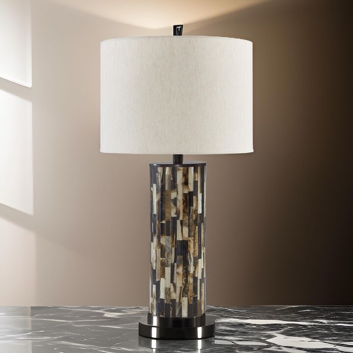 Foer 27 Inch Table Lamp, Cream Drum Fabric Shade, Black Brown Resin Base - Benzara
