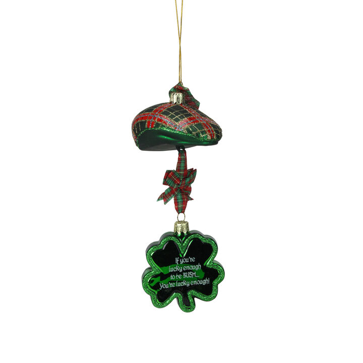 9" Noble Gems Luck of the Irish Glittered Glass Plaid Cap with Shamrock Christmas Ornament