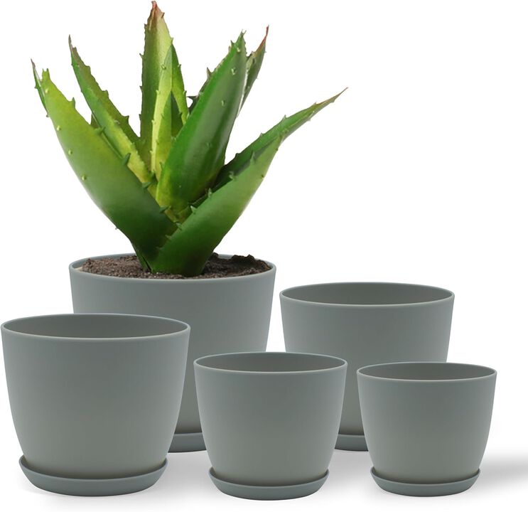 Campior Plastic Plant Pots with Drainage - Home Decor Flower Pot, Stackable Design for Indoor and Outdoor Use, Lightweight and Sturdy, Space-Saving, (7”, 6.6”, 6”, 5.3”, 4.8” Inches), Pack of 5, Gray