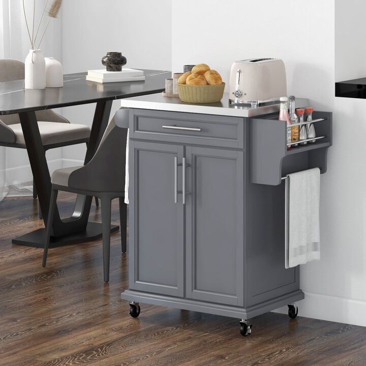 Gray Kitchen Island Cart: Drawer, Stainless Top, Utility Storage