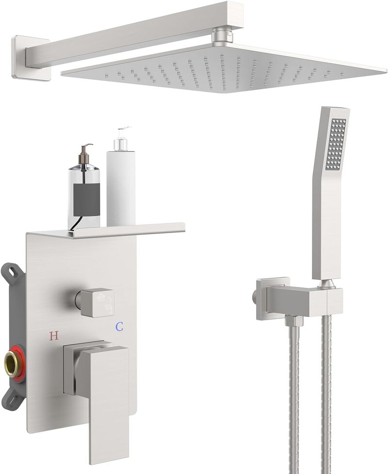Rainfall Shower System with Storage Shelf High-Pressure Shower Head & Handheld Combo
