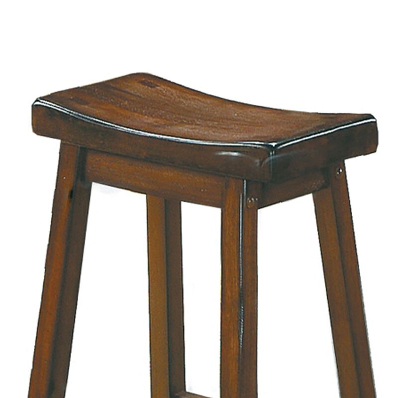 Wooden 29" Counter Height Stool with Saddle Seat, Distressed Cherry, Set Of 2-Benzara