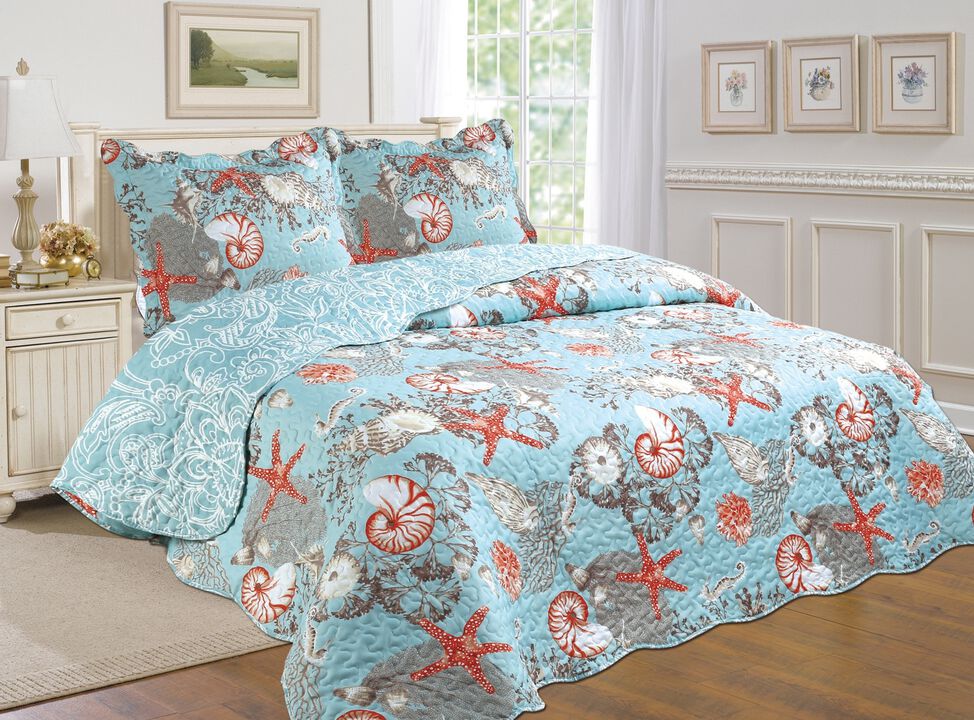 3-Piece Blue & Coral Cotton Blend Reversible Quilt Set
