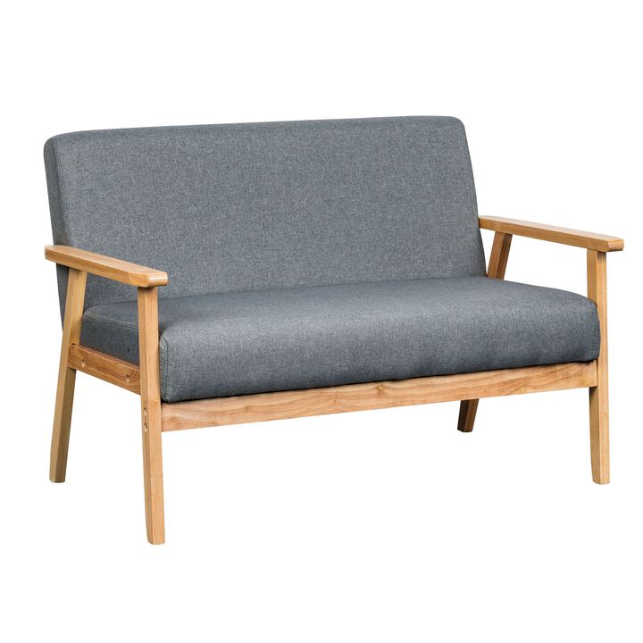 Gala 45 Inch Modern Loveseat Bench, Gray Fabric, Natural Brown Wood Frame-Benzara