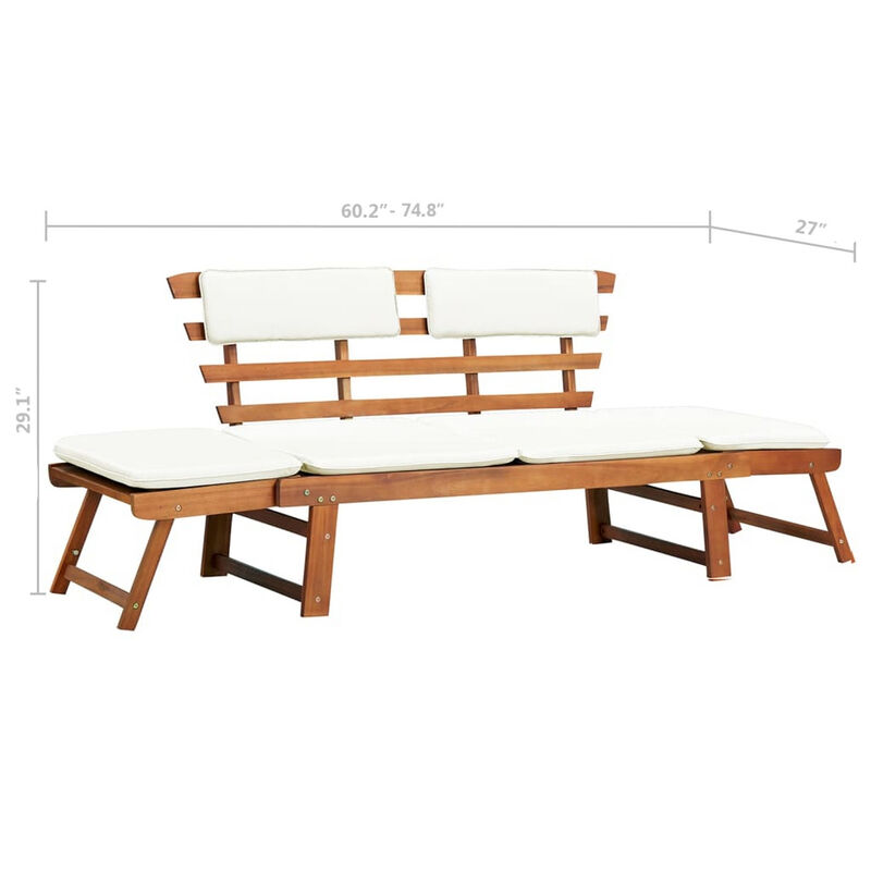 Outdoor Bench, Folding 2 in 1 Style, White Cushions, Brown Acacia Wood - Benzara