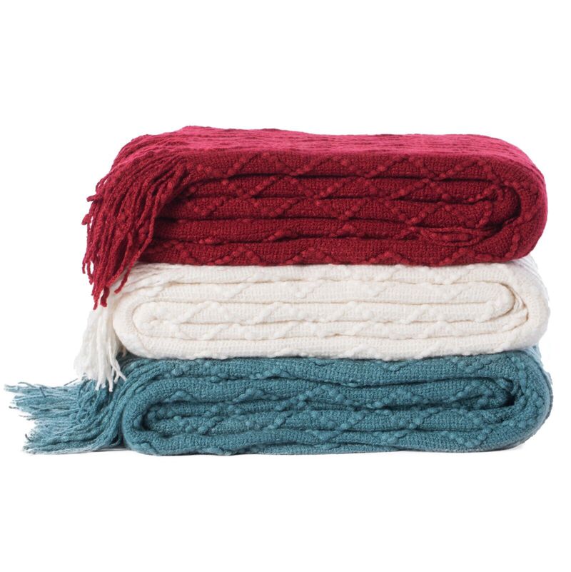 Decorative Chevron Pattern Knit Throw Blanket, 50x60 in, Made with Premium Yarns, Finished with Chic Fringe Details - Red, Lightweight, Breathable, Easy Care
