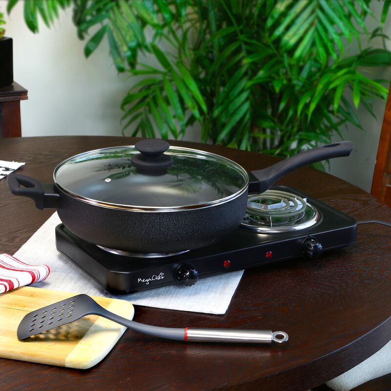 Oster Ashford 5 Quart Aluminum Saute Pan with Tempered Glass Lid in Black