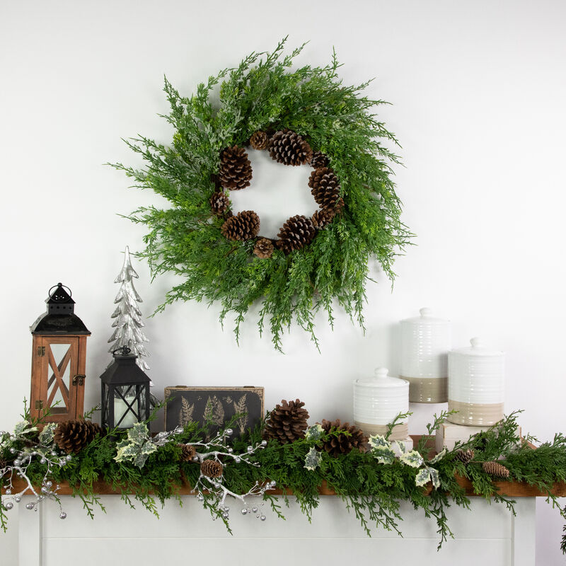 Frosted Cedar and Pine Cone Artificial Christmas Wreath  26-Inch  Unlit