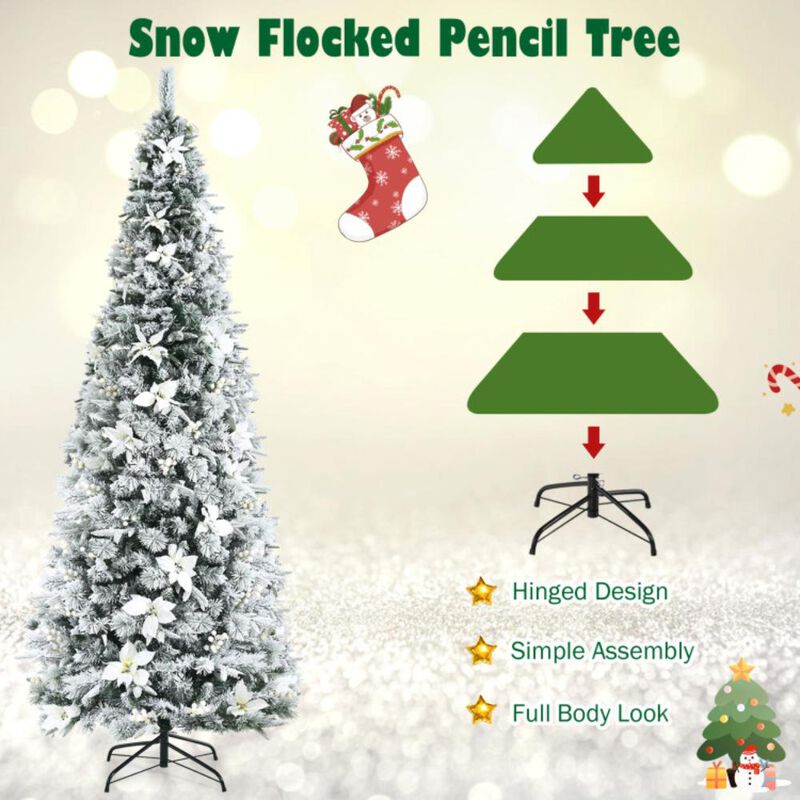 Hivvago 5/6/7/8 Feet Snow Flocked Christmas Tree with Berries and Poinsettia Flowers