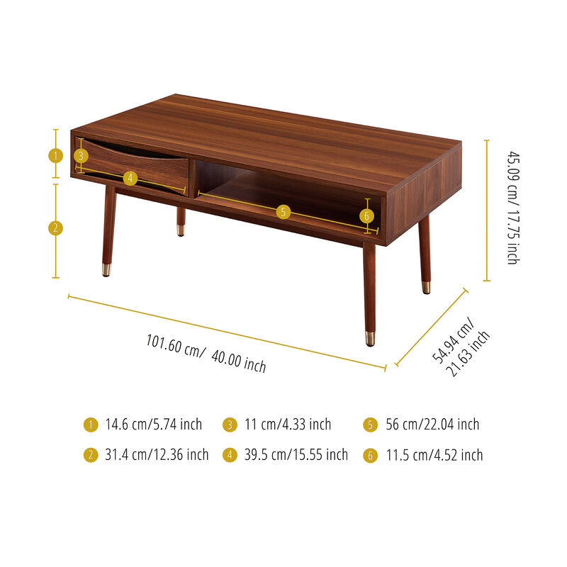 Teamson Home Dawson Modern Wooden Coffee Table with Storage, Walnut