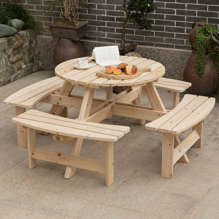 Wooden Outdoor Patio Garden Round Picnic Table with Bench, 8 Person - Stained