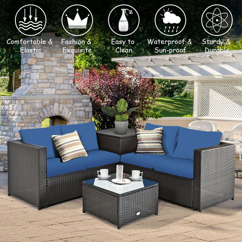 4 Pieces Outdoor Patio Rattan Furniture Set with Cushioned Loveseat and Storage Box