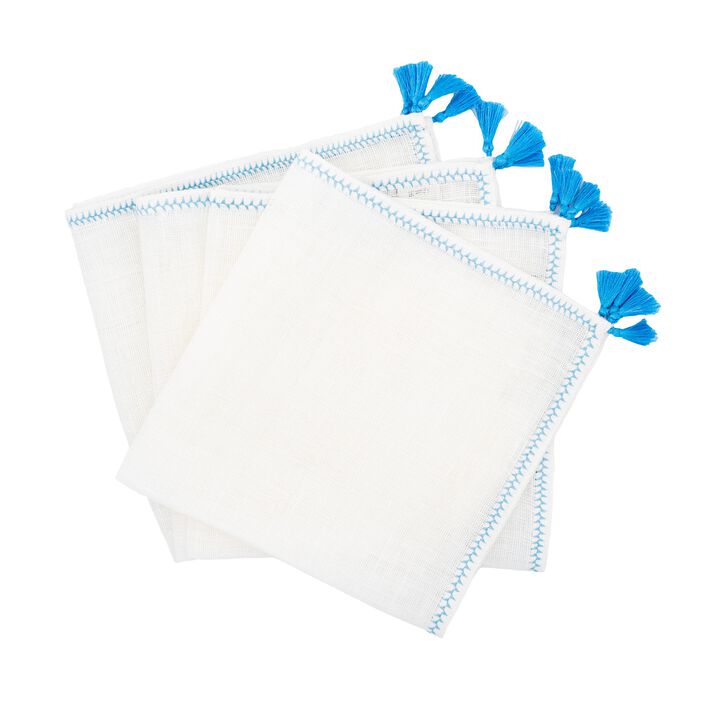 Linen Napkins With Blue Tassels, Set of 4