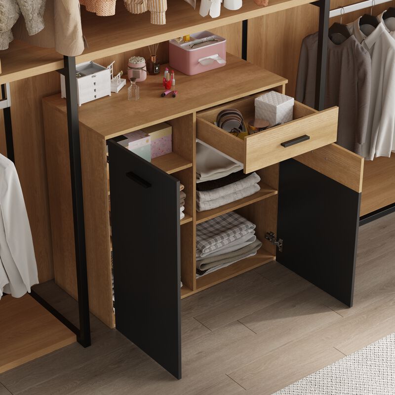FUFU&GAGA Wardrobe with Storage Cabinet, Adjustable Shelves & Drawers, Modern Farmhouse Closet for Bedroom, Entryway, Home, (35.4" W x 34.1" H x 17.7" D), Rustic Oak & Black
