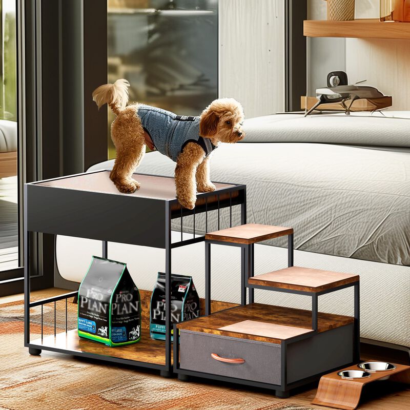 Dog Window Perch with Steps, Non-Slip Pad, Storage Drawer, and Sponge Cushion, Pet Bunk Bed, Black + Vintage