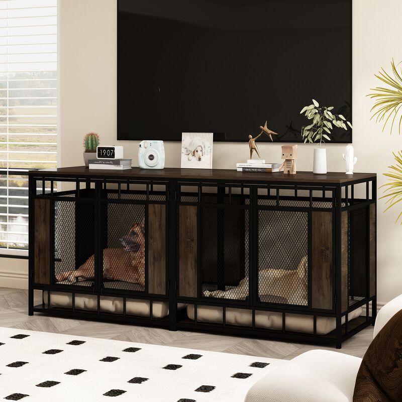 Dog House Large Pet Crate Furniture, Indoor Mesh and Wooden Dog Kennels for 2 Medium or Large Dogs, Walnut and Black