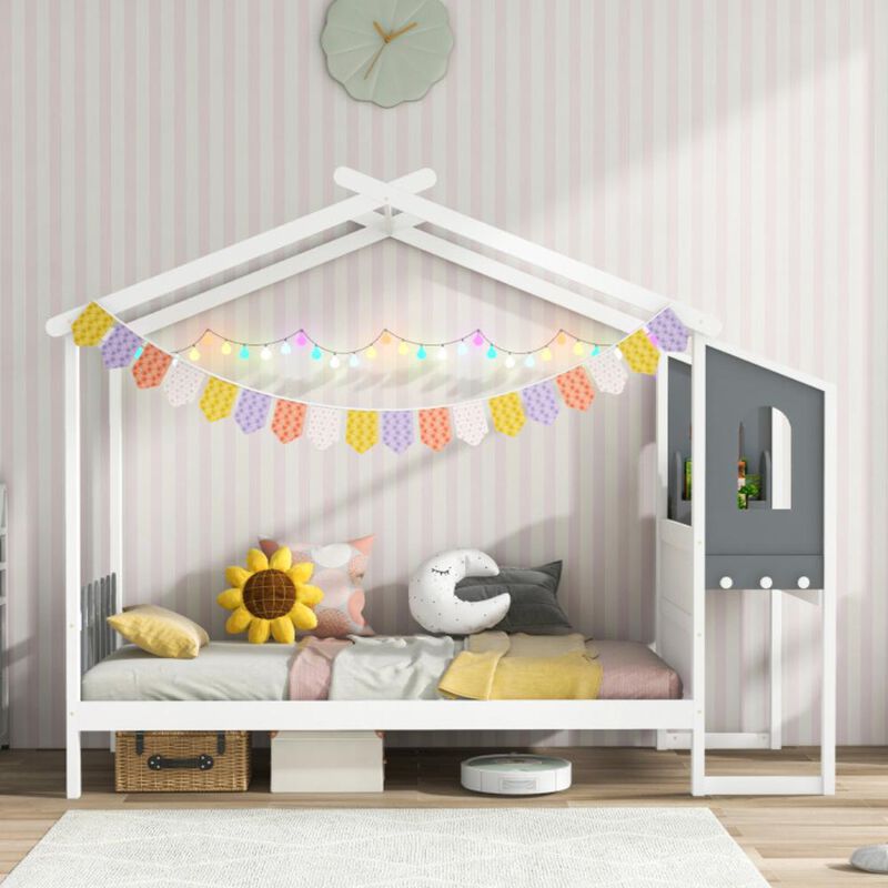 Hivvago Twin/Full Bed Frame with House Roof Canopy and Fence for Kids