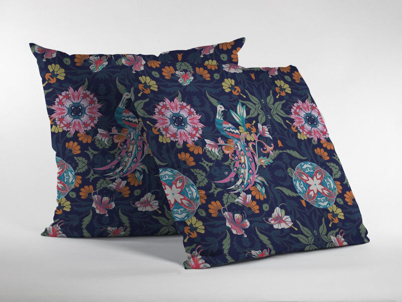 Hivvago 18" Navy Pink Peacock Zippered Suede Throw Pillow