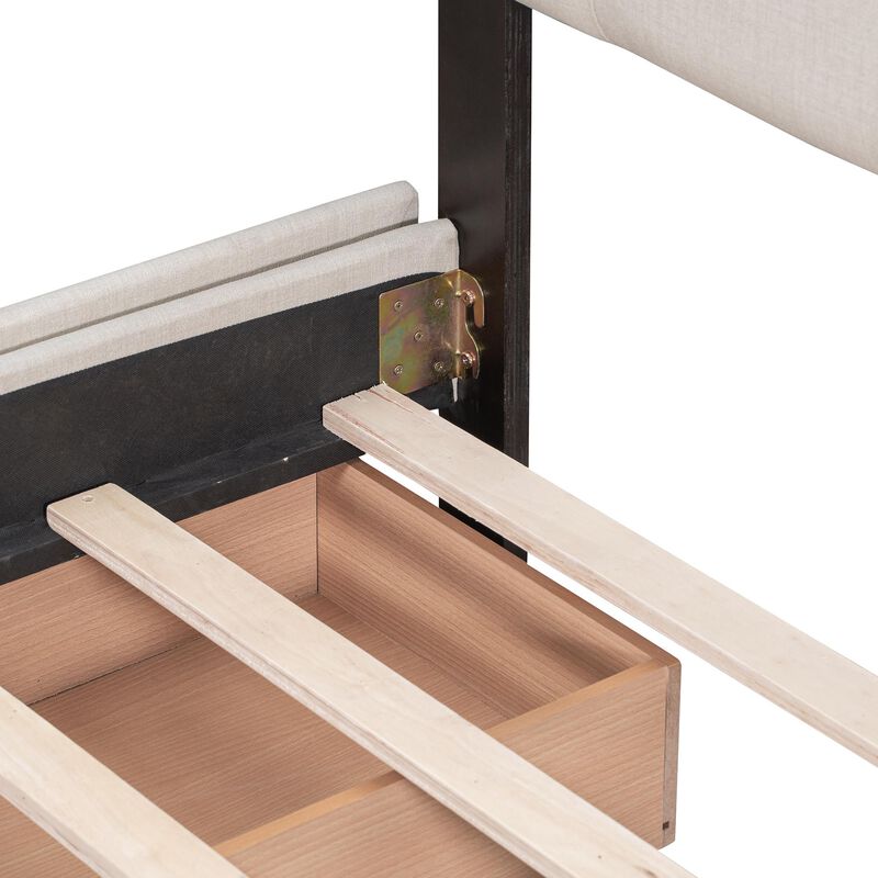 Linen Upholstered Platform Bed with 4 Drawers and Classic Headboard Design