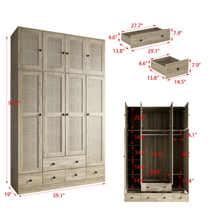 FUFU&GAGA Wood Grain Rattan Doors Design Armoires Wardrobe with 4-Drawers, 2-Hanging Rods  (59.1" W x 19" D x 94.5" H),Brown