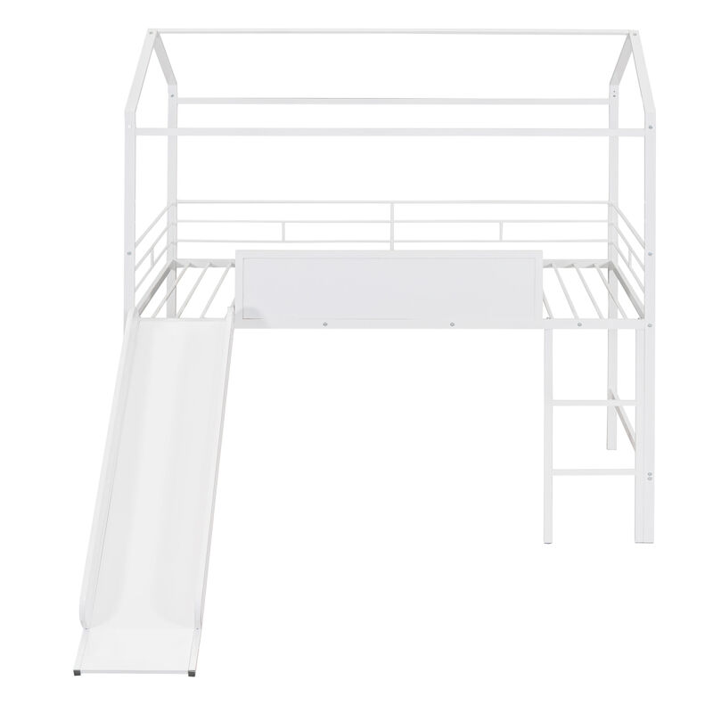 Metal House Bed With Slide, Twin Size Metal Loft Bed With Two-Sided Writable Wooden Board