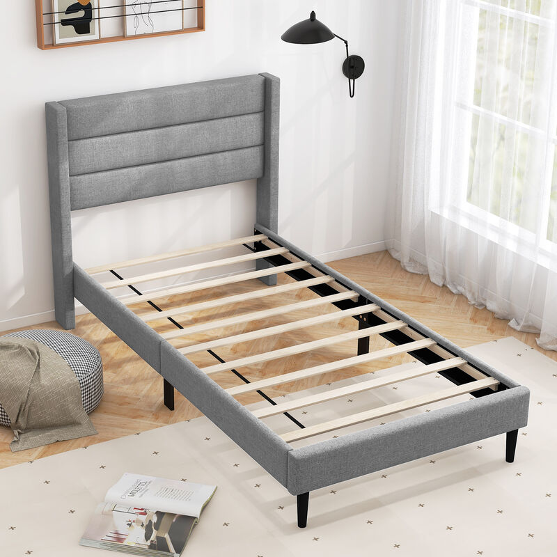 Linen Upholstered Platform Twin/Queen Bed Frame with Wingback Headboard-Twin Size