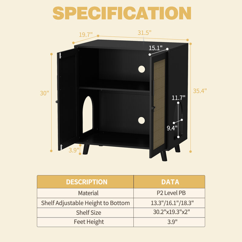 Modern Cat Litter Box Enclosure for Rooms, Black Hidden Litter Box Furniture Cat Washroom Storage with Lock Sisal Door