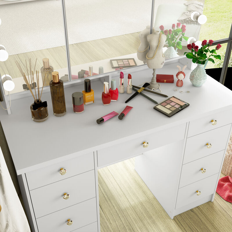 White Modern Makeup Vanity Desk 9 Drawers Wood Dressing Table With 3 Mirrors, Hidden Storage Shelves, LED Bulb Lights