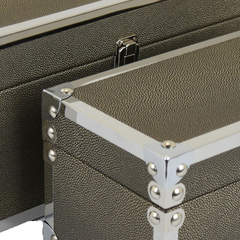 Mecca Storage Box Set of 2, Rivet Accents, Chrome Metal, Bronze Wood - Benzara