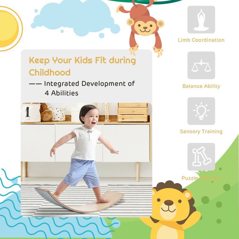 Wooden Wobble Balance Board Kids 35'' Rocker Yoga Curvy Board Toy with Felt Layer-Natural