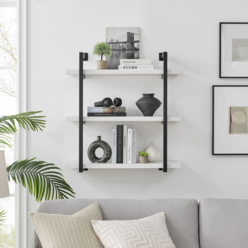 Modern 3-Tier Hanging Bracket Wall Shelves in Black Metal and White Birch Finish