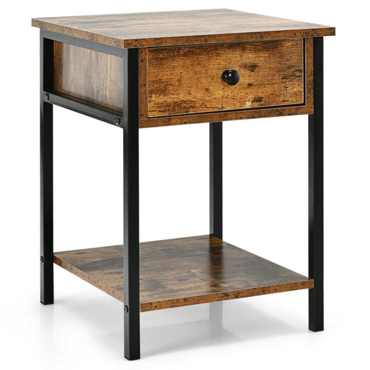 Hivvago Industrial End Side Table Nightstand with Drawer Shelf