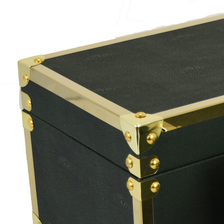Mecca Storage Box Set of 2, Rivet Accents, Gold Metal Trim, Green Wood - Benzara