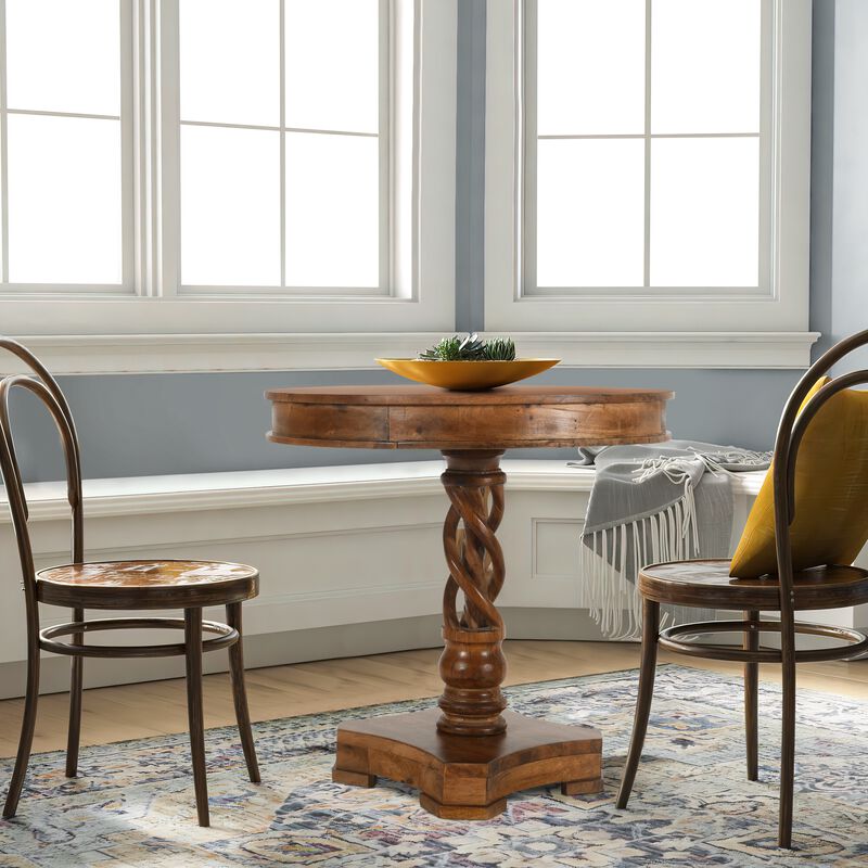 30 Inch Handcrafted Round Mango Wood Dinette, Artisanal Twisted Pedestal Base, Walnut Brown-Benzara