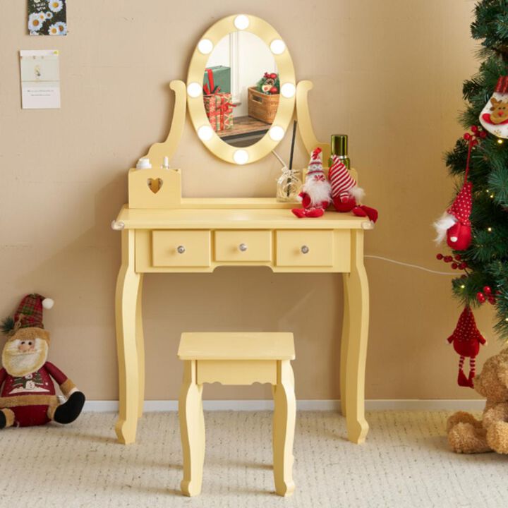Girls Vanity Table with Mirror Lights and Stool Pretend Play Makeup Desk with Storage