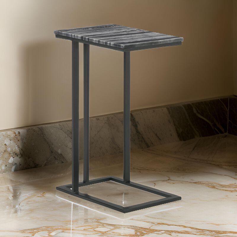 Enu 25 Inch Accent C Table, Marble Top, Black Metal Cantilever Base, Gray  - Benzara